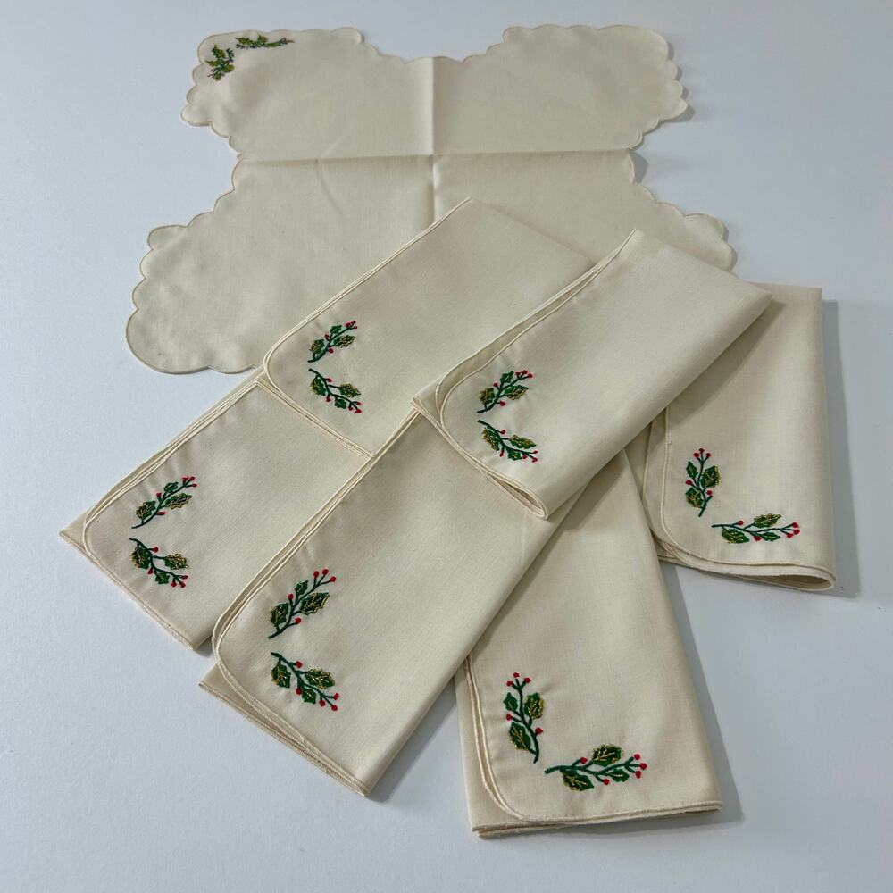 Vintage NWT Christmas Napkins Set of 6 + Bread Basket Liner Embroidered Holiday